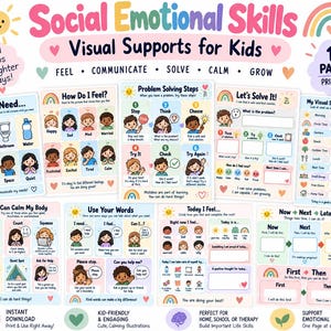 May include: A 12-page printable PDF set of social emotional skills visual supports for kids. The pages feature colourful illustrations and text including I Need, How Do I Feel, Problem Solving Steps, Let's Solve It, My Visual Schedule, and Now Next Later.