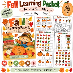 Può includere: Un pacchetto di apprendimento autunnale per bambini di 2-3 anni con 20 pagine di attività educative. La copertina mostra uno spaventapasseri, zucche e foglie autunnali. I fogli di lavoro includono conteggio, forme, colori e schemi.