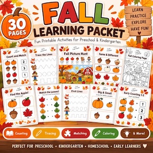 May include: A 30-page fall learning packet featuring printable educational activities for preschool and kindergarten. The collection includes worksheets for counting, tracing, matching, and coloring, decorated with autumn leaves and pumpkins.