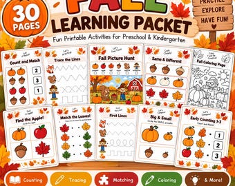 May include: A 30-page fall learning packet featuring printable educational activities for preschool and kindergarten. The collection includes worksheets for counting, tracing, matching, and coloring, decorated with autumn leaves and pumpkins.