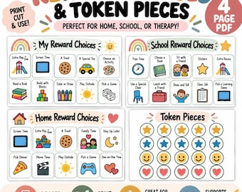 May include: A four-page printable PDF set titled Reward Choices & Token Pieces. It includes charts for home and school reward options with colorful icons and text, plus a sheet of circular token pieces featuring stars, smiley faces, and hearts.