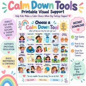 Può includere: Una tabella di supporto visivo stampabile intitolata Calm Down Tools che presenta una griglia di venti quadrati illustrati. Ogni quadrato raffigura un bambino che esegue un'attività calmante con etichette di testo come Take Belly Breaths.