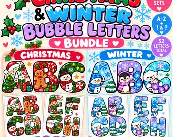 May include: A digital bundle of Christmas and Winter bubble letters featuring two complete sets of A-Z, exclamation points, and question marks. The graphics include festive illustrations like gingerbread men, snowmen, penguins, and polar bears.