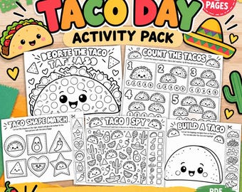 May include: A National Taco Day activity pack featuring five pages of printable worksheets for children. The pages include coloring, counting, shape matching, I spy, and build-a-taco activities with black and white taco-themed illustrations.
