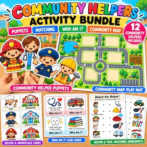 Può includere: Un set di attività sugli aiutanti della comunità con materiali educativi colorati, tra cui marionette di carta di vigile del fuoco, medico, poliziotto e operaio, un tappetino da gioco con mappa, schede di abbinamento e carte indizio.