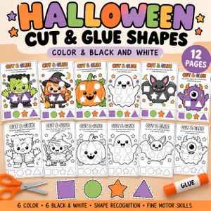 May include: A set of 12 Halloween cut and glue activity pages featuring color and black and white illustrations of a monster, witch, pumpkin, ghost, and bat. Includes orange scissors and a glue stick for shape recognition and motor skills.