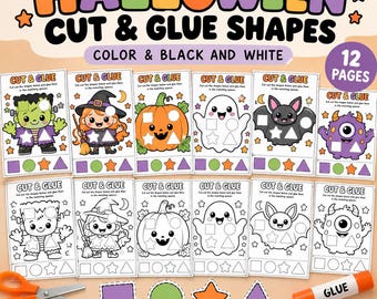 May include: A set of 12 Halloween cut and glue activity pages featuring color and black and white illustrations of a monster, witch, pumpkin, ghost, and bat. Includes orange scissors and a glue stick for shape recognition and motor skills.