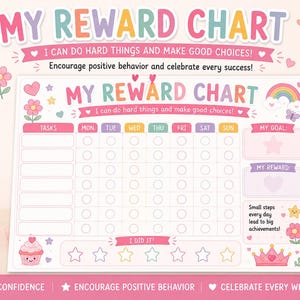 Puede incluir: Una tabla de recompensas rectangular en colores pastel con un arcoíris, un cupcake y una corona. El texto dice MY REWARD CHART, I CAN DO HARD THINGS AND MAKE GOOD CHOICES e I DID IT. Incluye columnas para los días de la semana y filas para tareas.