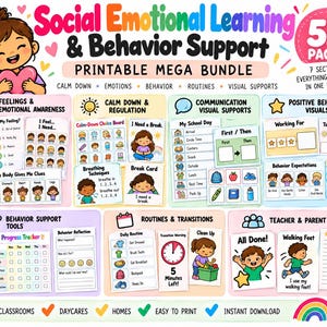 Può includere: Un pacchetto stampabile di 52 pagine intitolato Social Emotional Learning & Behavior Support, che include sette sezioni di supporti visivi, grafici e schede per emozioni, tecniche di calma, routine e monitoraggio del comportamento.
