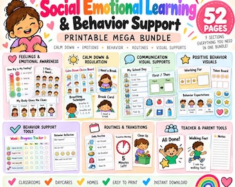 May include: A 52-page printable mega bundle titled Social Emotional Learning & Behavior Support, featuring seven sections of visual aids, charts, and cards for feelings, calm down techniques, routines, and behavior tracking with colorful illustrations.