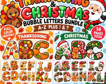 Thanksgiving and Christmas Bubble Letters Bundle | Holiday Alphabet A-Z Printable | Bulletin Board Letters | Classroom Decor | Fall & Winter