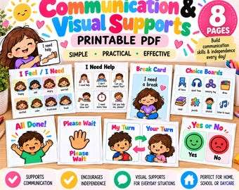 May include: A printable PDF set of 8 pages featuring communication and visual supports. The pages include colorful illustrations and text labels such as I Feel, I Need Help, Break Card, Choice Boards, All Done, Please Wait, My Turn, and Yes or No.