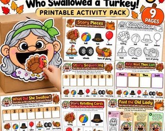May include: A printable activity pack titled There Was an Old Lady Who Swallowed a Turkey featuring a large cutout of an old lady, story sequencing sheets, story retelling cards, and feed the old lady activity pages with colorful illustrations.
