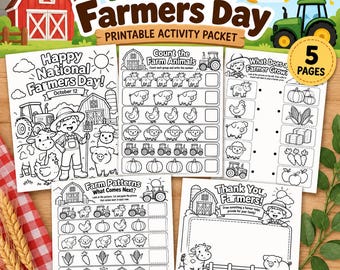 May include: A five-page National Farmers Day printable activity packet featuring black and white coloring and educational worksheets. The pages include farm-themed illustrations of barns, tractors, animals, and crops with text prompts for counting and matching.