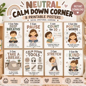 Può includere: Un set di otto poster stampabili intitolati Neutral Calm Down Corner, con illustrazioni di bambini che praticano tecniche di regolazione emotiva come la respirazione profonda, il conteggio, lo stretching e l'uso di strumenti come cuffie e fidget toys.