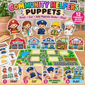 Puede incluir: Un conjunto de actividades imprimibles con marionetas de trabajadores comunitarios, incluyendo 12 personajes, edificios y un tapete de juego. El set incluye instrucciones para imprimir, recortar y añadir palitos de helado.