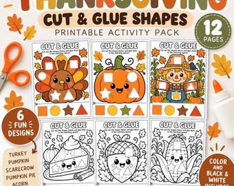 May include: A Thanksgiving cut and glue shapes printable activity pack featuring 12 pages with 6 fun designs including a turkey, pumpkin, scarecrow, pumpkin pie, acorn, and harvest corn. Includes orange scissors and a glue bottle.