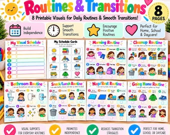 May include: A set of 8 printable visual charts titled Routines & Transitions, featuring colorful illustrations for daily tasks like morning, cleanup, bathroom, snack, lunch, nap, and going home routines with numbered steps and checkboxes.