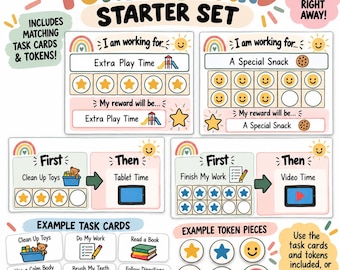 May include: A token board starter set featuring multiple visual charts with text like I am working for, First, and Then. Includes colorful task cards with illustrations of toys, books, and teeth, plus circular tokens with stars, hearts, and smiley faces.