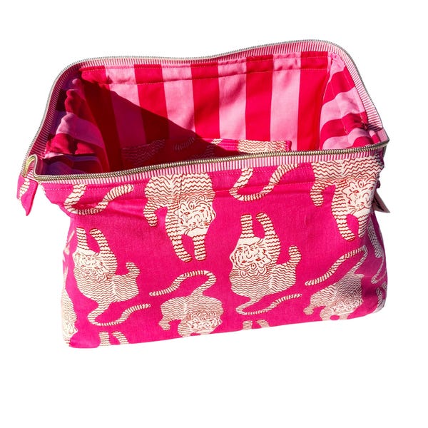 Large Pink Tiger Wash Bag • Indian Block Print Toiletry  • Handmade Travel bag with Internal Pockets • Stripy Lining • Cat Zip Pull gift