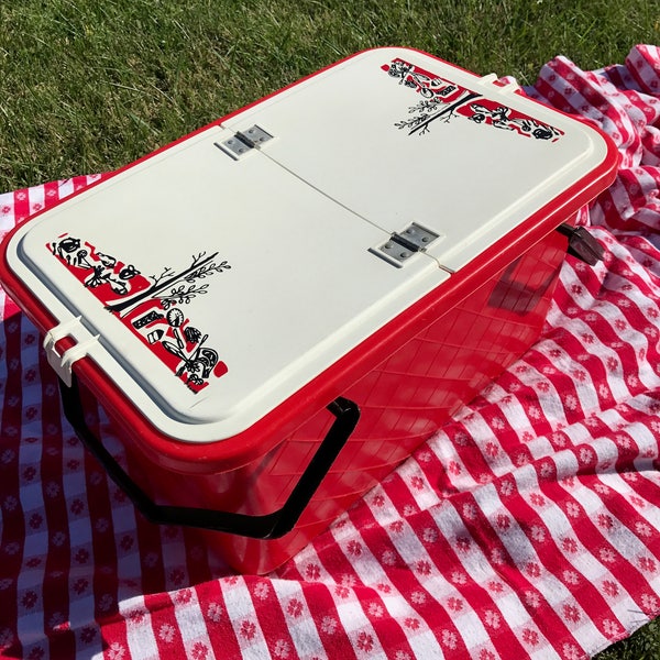 Vintage Plastic Picnic Basket - RARE Red Loma ware Basket / Retro Picnic Basket, Vintage Picnic, hecho en Fort Worth, Texas