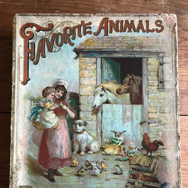 VENTA Antiguo Bloque de Madera Puzzle de la década de 1800 -"Animales Favoritos Imagen Cubos" McLoughlin Bro's Nueva York - Con 6 Litografía
