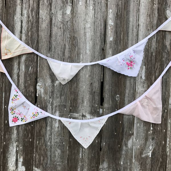Vintage Hankie Bunting Pink / pennant style banner with vintage handkerchiefs / wedding decor, shabby chic home decoration, bunting, garland