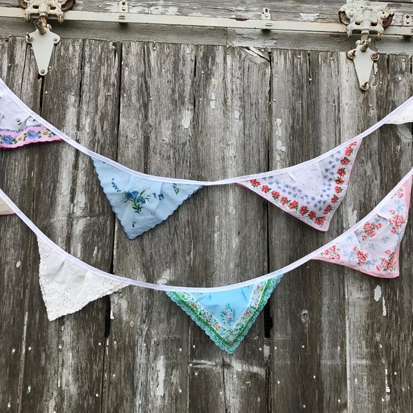 Vintage Hankie Bunting / pennant style banner with vintage handkerchiefs / wedding decor, shabby chic home decoration, bunting, garland