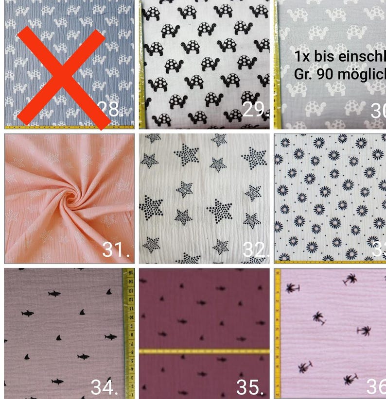 Puede incluir: Una colecci&oacute;n de 10 muestras de tela diferentes con varios patrones, incluyendo tortugas, estrellas, flores, peces y palmeras. Las muestras est&aacute;n etiquetadas con los n&uacute;meros del 28 al 36.