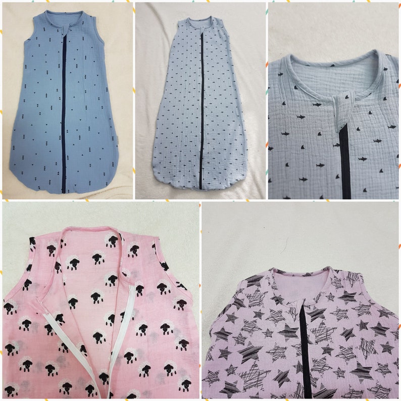 Puede incluir: Cuatro sacos de dormir para beb&eacute;s con diferentes patrones. El primero es azul con puntos blancos, el segundo es azul claro con puntos blancos, el tercero es azul claro con un patr&oacute;n de peces negros y el cuarto es morado con un patr&oacute;n de estrellas negras.