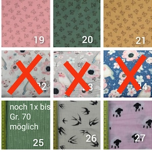 Puede incluir: Un collage de nueve muestras de tela con diferentes patrones. Las muestras est&aacute;n numeradas del 19 al 27. Algunas muestras tienen una X roja sobre ellas. Una muestra tiene el texto "noch 1x bis Gr. 70 m&ouml;glich".