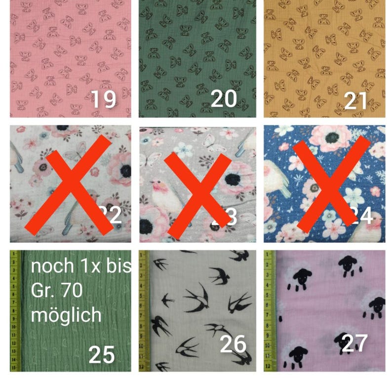 Puede incluir: Un collage de nueve muestras de tela con diferentes patrones. Las muestras est&aacute;n numeradas del 19 al 27. Algunas muestras tienen una X roja sobre ellas. Una muestra tiene el texto "noch 1x bis Gr. 70 m&ouml;glich".