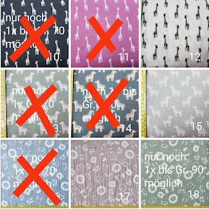 Puede incluir: Un collage de nueve muestras de tela con diferentes patrones, incluyendo jirafas, cebras y dise&ntilde;os florales. Las muestras est&aacute;n etiquetadas con los n&uacute;meros del 1 al 18. El texto "nur noch 1x bis Gr. 90 m&ouml;glich" es visible en la muestra inferior derecha.