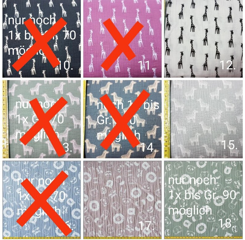 Puede incluir: Un collage de nueve muestras de tela con diferentes patrones, incluyendo jirafas, cebras y dise&ntilde;os florales. Las muestras est&aacute;n etiquetadas con los n&uacute;meros del 1 al 18. El texto "nur noch 1x bis Gr. 90 m&ouml;glich" es visible en la muestra inferior derecha.