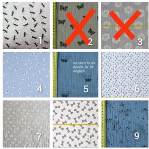 Puede incluir: Nueve muestras de tela diferentes con varios patrones, incluyendo lib&eacute;lulas, flores, lazos y p&aacute;jaros. Las muestras est&aacute;n numeradas del 1 al 9. El texto "nur noch 1x bis einschl. Gr. 90 m&ouml;glich" es visible en la quinta muestra.