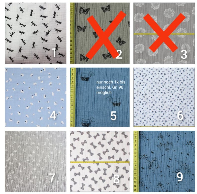 Puede incluir: Nueve muestras de tela diferentes con varios patrones, incluyendo lib&eacute;lulas, flores, lazos y p&aacute;jaros. Las muestras est&aacute;n numeradas del 1 al 9. El texto "nur noch 1x bis einschl. Gr. 90 m&ouml;glich" es visible en la quinta muestra.
