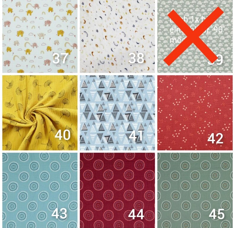 Puede incluir: Una colecci&oacute;n de 15 muestras de tela con varios patrones y colores. Las muestras est&aacute;n numeradas del 37 al 45. Las muestras incluyen patrones como nubes, estrellas, tri&aacute;ngulos y c&iacute;rculos.