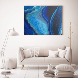 Beyond Space and Time / Unieke vloeibare kunstruimte op canvas / handgeschilderd / blauw