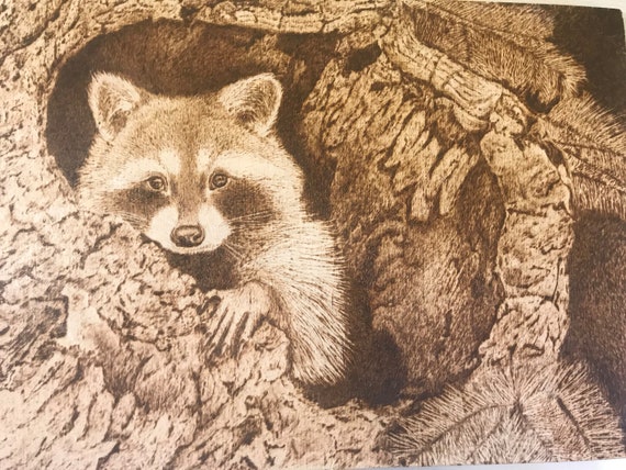 Forest Raccoon,wood burning,Wood design, wood burn,art, unique framed art  ,Wood Burning Art - Custom Pyrography - Animal art