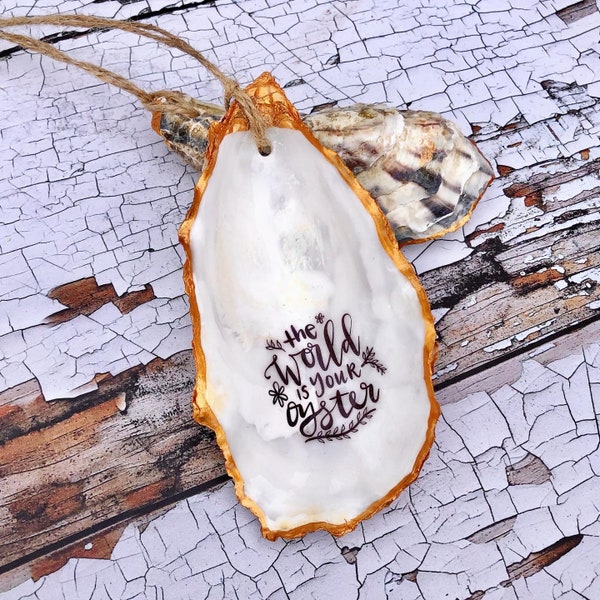 Handcrafted Quotes/Writing in Oyster Shell sealed with gloss varnish and hung with organic twine (tree hanging/ring dish/ornament)