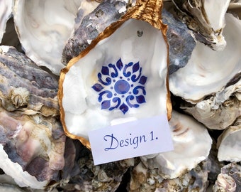 Various Designs - Handcrafted Blue Heart/Pattern Oyster Shells sealed with gloss varnish and hung with natural twine