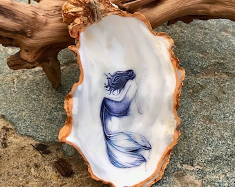 Handcrafted Mermaid Oyster Shell (various designs) sealed with gloss varnish, drilled and hung with organic twine. coastal decor