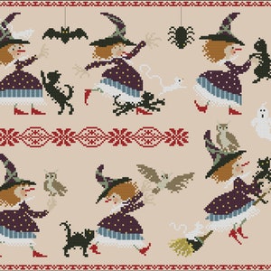 May include: A cross-stitch pattern depicting a charming scene of witches flying on broomsticks with cats, owls, bats, and spiders. The pattern is set against a beige background with a red and white border.