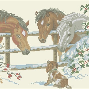 Caballos y cachorros Gráfico punto de cruz Patrón digital PDF