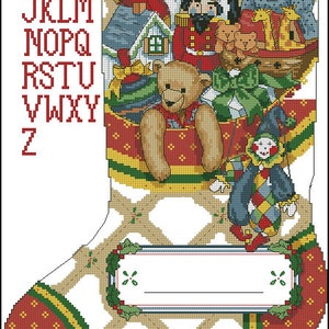 May include: A red and white Christmas stocking filled with toys, including a teddy bear, a toy soldier, a rocking horse, a toy house, and a clown. The stocking has a green and yellow trim and a name tag.