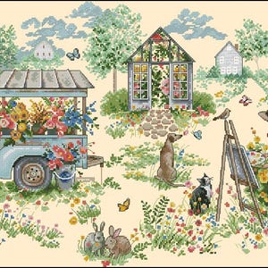 May include: A colorful floral arrangement is displayed on a vintage blue and white flower cart with a sign that reads "Welcome and Open".  The cart is surrounded by a lush green garden with a greenhouse, a dog, a cat, and a person painting.