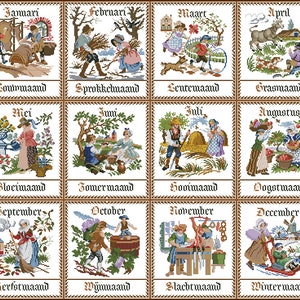 Könnte beinhalten: Ein Satz von zwölf Kreuzstich-Panels, die die Monate des Jahres darstellen. Jedes Panel zeigt eine Szene mit Figuren, die saisonalen Aktivitäten nachgehen, wie z. B. Ernte oder Pflanzenpflege. Die Panels sind mit einem dekorativen Rahmen versehen.