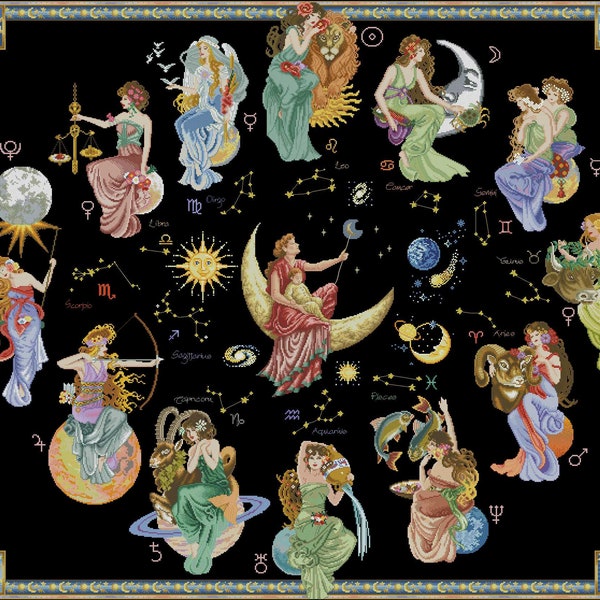 Lady zodiac Cross stitch chart PDF digital pattern