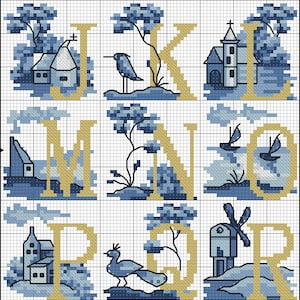 Alphabet sampler Delft Blue Cross stitch pattern PDF digital pattern