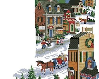 Gráfico de punto de cruz para calcetín navideño de pueblo, patrón digital en PDF